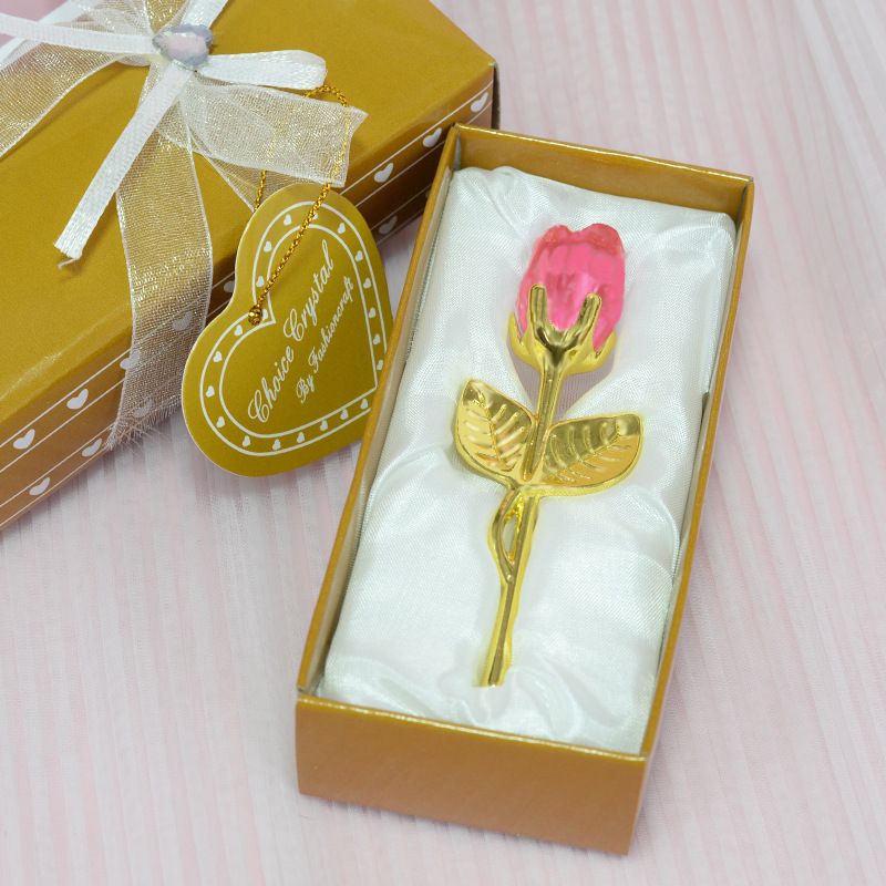 2 Set of Pink Crystal Rose Flower with Gold Gift Box and Gold Plated Stem Leaf