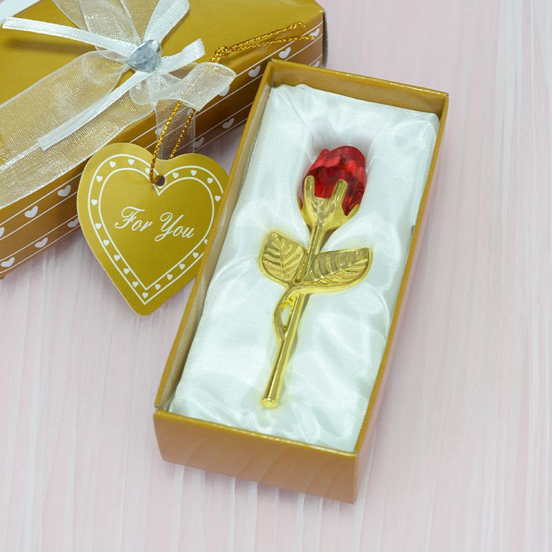 2 Set of Red Crystal Rose Flower with Gold Gift Box and Gold Plated Stem Leaf