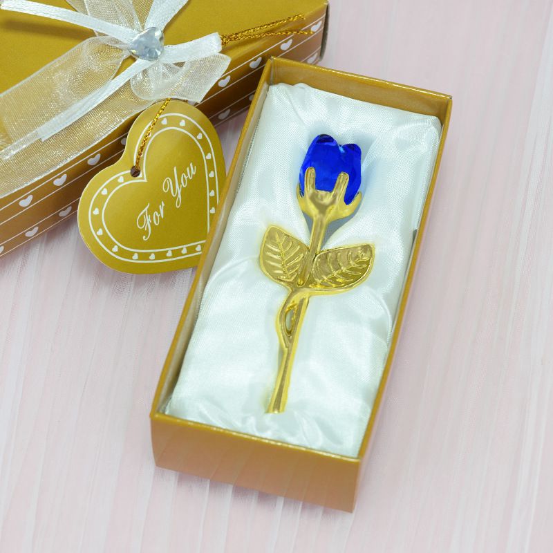 2 Set of Blue Crystal Rose Flower with Gold Gift Box and Gold Plated Stem Leaf