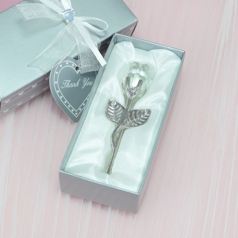 2 Set of White Crystal Rose Flower with Silver Gift Box and Silver Plated Stem