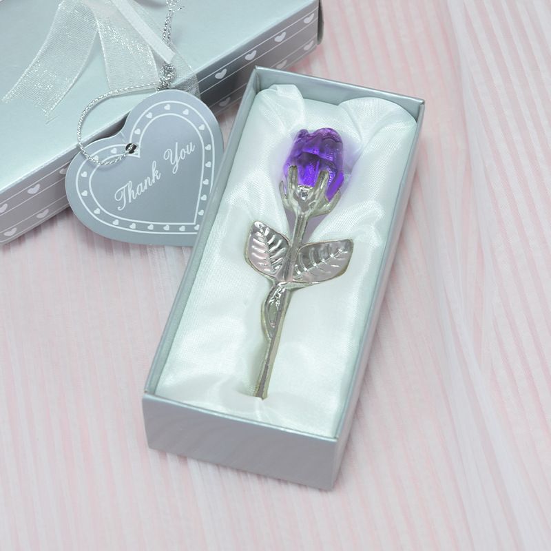 2 Set of Purple Crystal Rose Flower with Silver Gift Box and Silver Plated