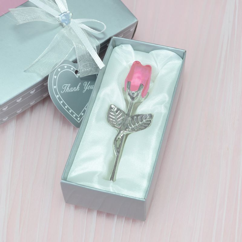 2 Set of Pink Crystal Rose Flower with Silver Gift Box and Silver Plated Stem