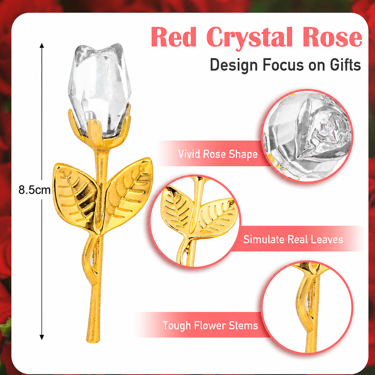 2 Set of Pink Crystal Rose Flower with Silver Gift Box and Silver Plated Stem view 2