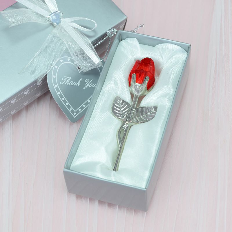 2 Set of Red Crystal Rose Flower with Silver Gift Box and Silver Plated Stem