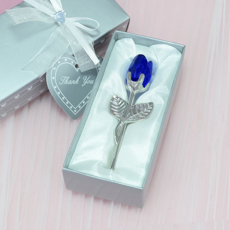 2 Set of Blue Crystal Rose Flower with Silver Gift Box and Silver Plated Stem