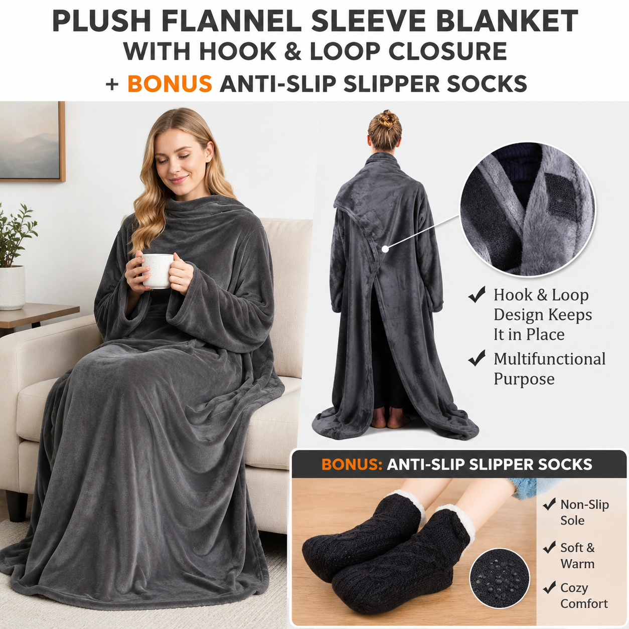 Winter Cozy Warm Loungewear Gift Set – 150 x 180CM Dark Grey Flannel Fleece