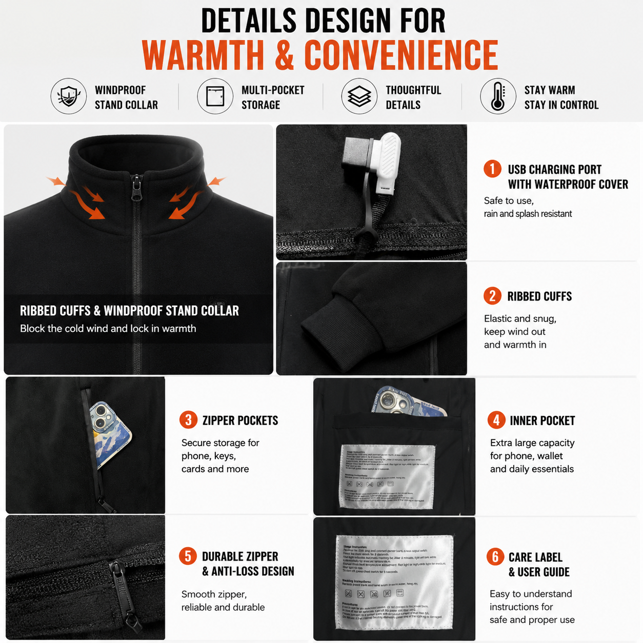 M Size Winter USB Heated Windproof Soft Fleece Warm Jacket for Men and Women view 5