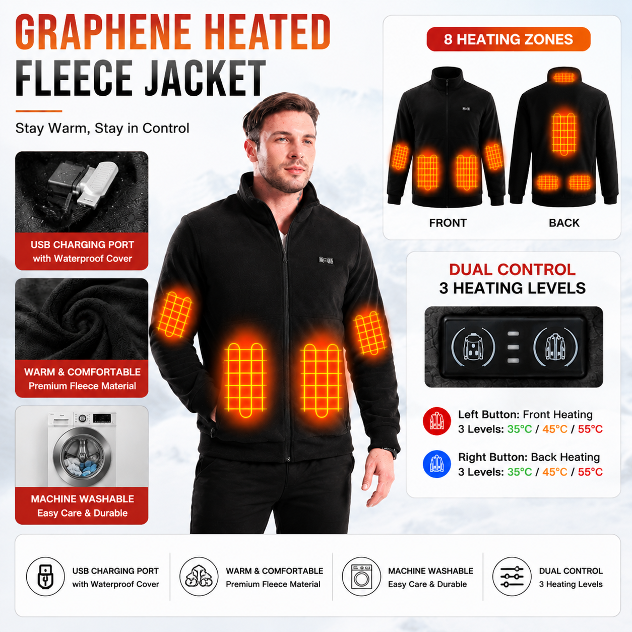 XL Size Winter USB Heated Windproof Soft Fleece Warm Jacket for Men and Women