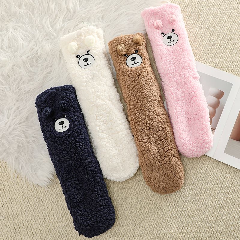 Navy Blue Winter Women’s Cute Bear Plush Knee High Slipper Socks – Warm Fleece view 2