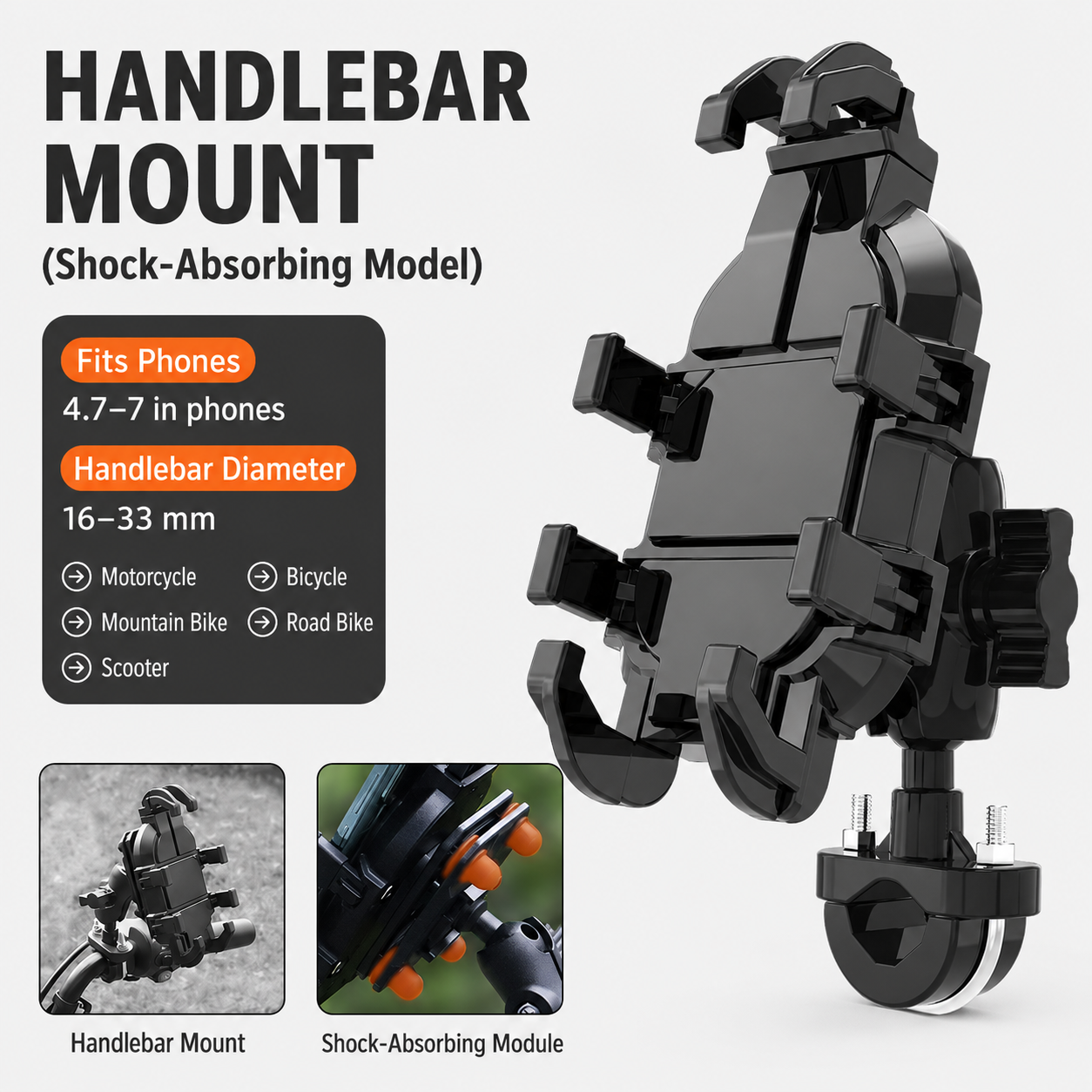 Black Secure Grip Anti-Shock Bike Phone Mount - 360° Rotating Adjustment