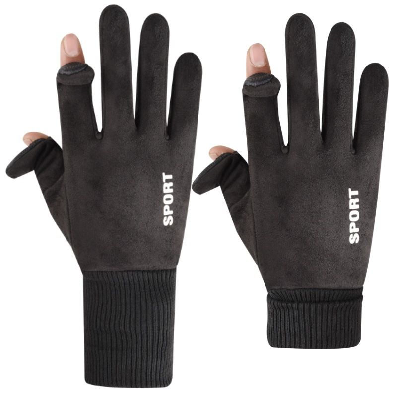 Grey Winter Suede Touchscreen Flip-Top Gloves with Extended Cuff Design and view 4