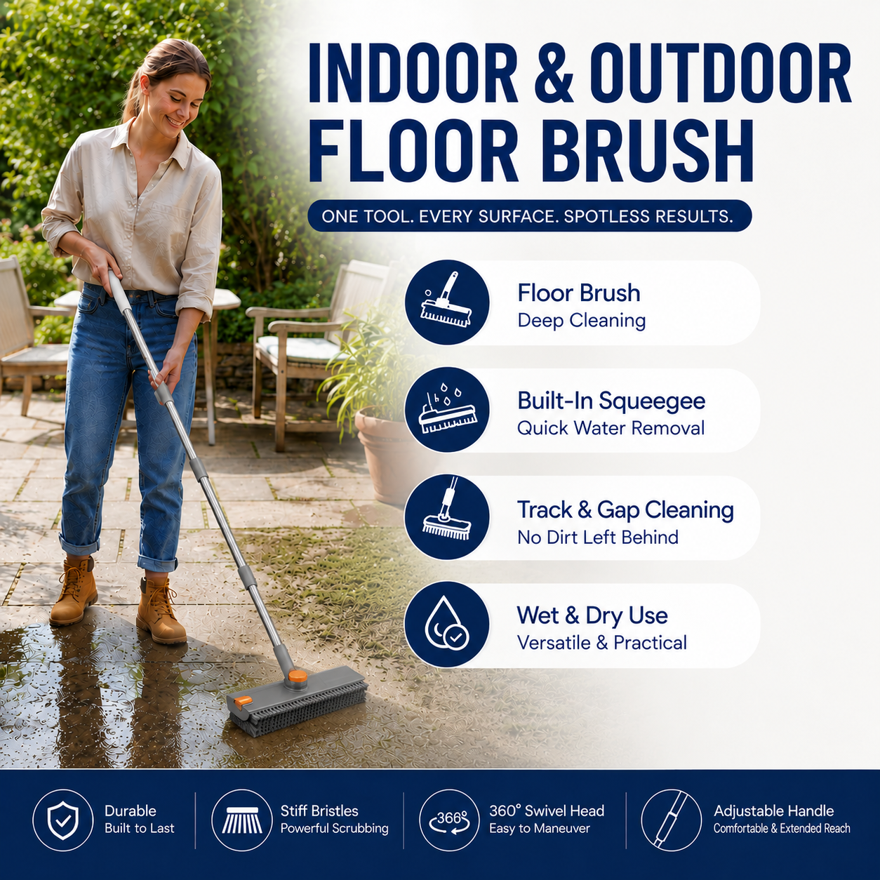 Grey and White 360°Rotating Detachable V-Shaped Floor Scrub Brush for Indoor &