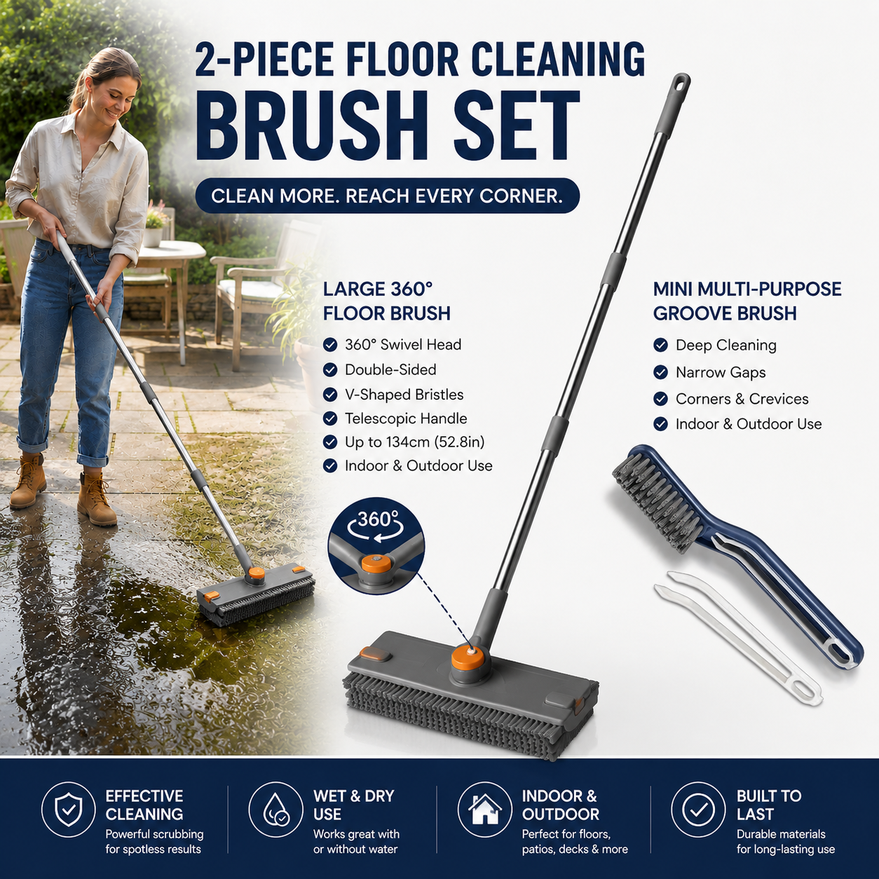 2-Piece Deep Cleaning Floor Brush and Mini Detail Gap Brush Set for Large