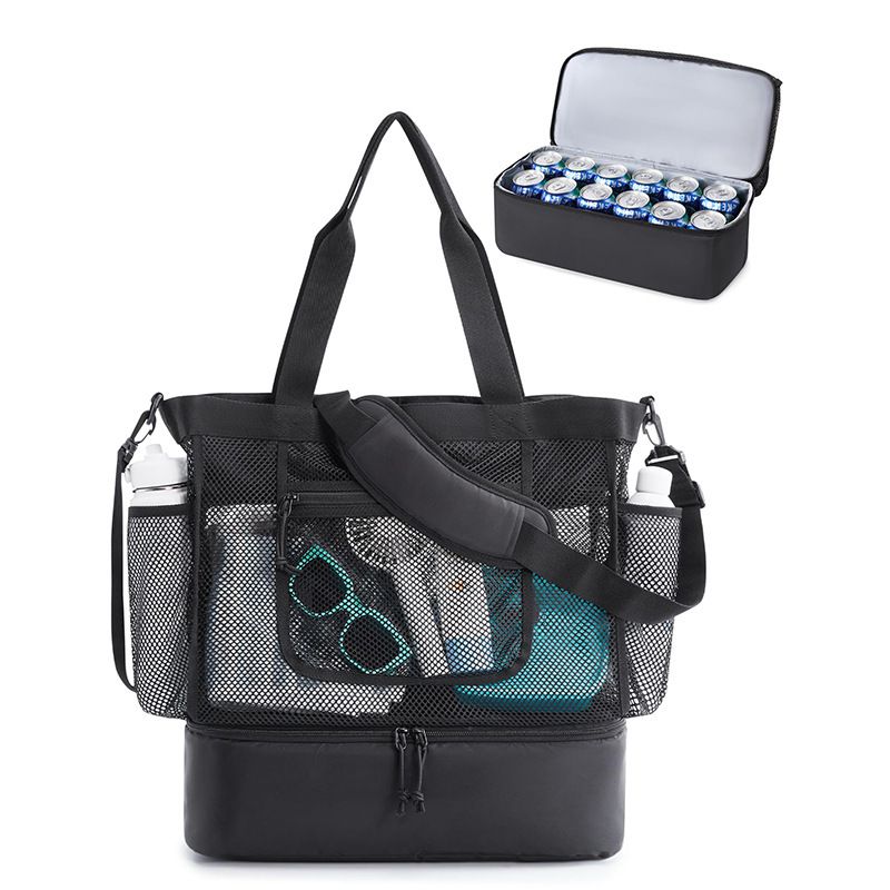 16.5 x 7.9 x 18.9" Black Beach Travel Mesh Tote Bag with 14L Insulated Drink