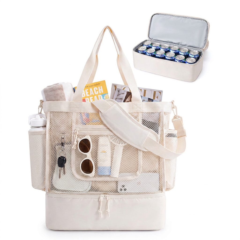 16.5 x 7.9 x 18.9" Beige Beach Travel Mesh Tote Bag with 14L Insulated Drink