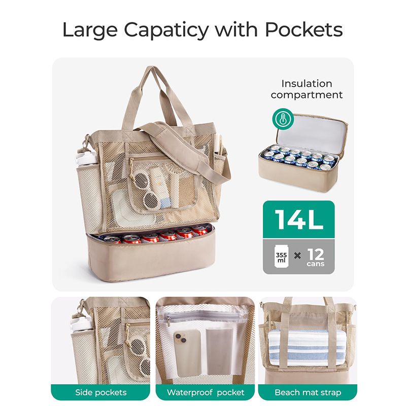 16.5 x 7.9 x 18.9" Beige Beach Travel Mesh Tote Bag with 14L Insulated Drink view 2