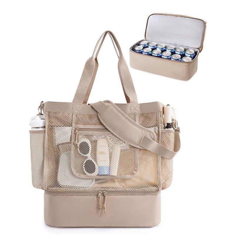 16.5 x 7.9 x 18.9" Khaki Beach Travel Mesh Tote Bag with 14L Insulated Drink