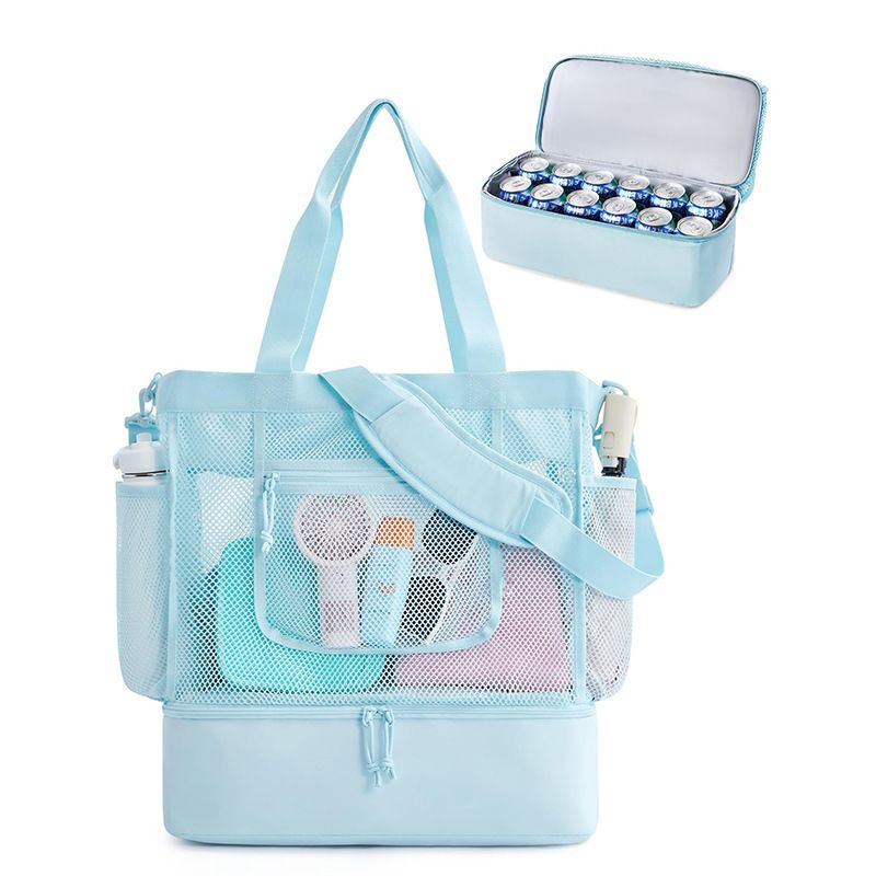 16.5 x 7.9 x 18.9" Light Blue Beach Travel Mesh Tote Bag with 14L Insulated