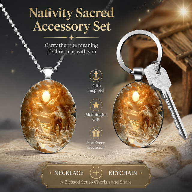 3D Nativity Scene Pendant Necklace & Keyring Set with Gift Box – Christmas