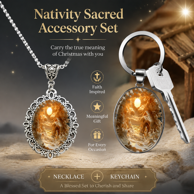 3D Nativity Scene Silver Pendant Necklace & Keyring Set with Gift Box