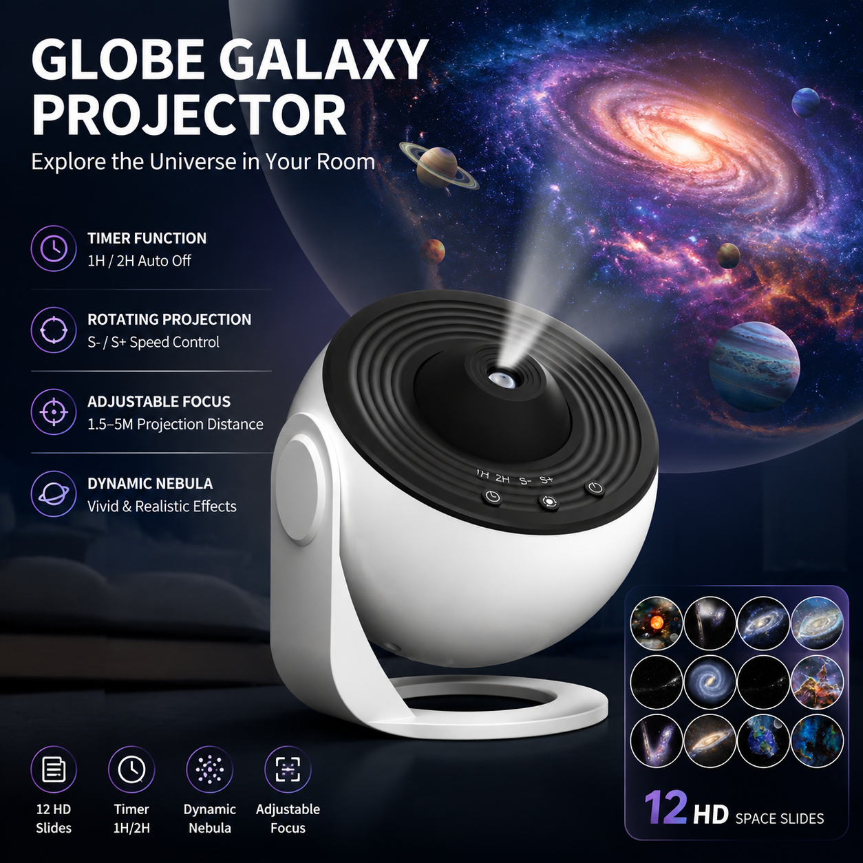 White and Black USB Powered Galaxy Star Projector and Earth Globe Night Light — image 1