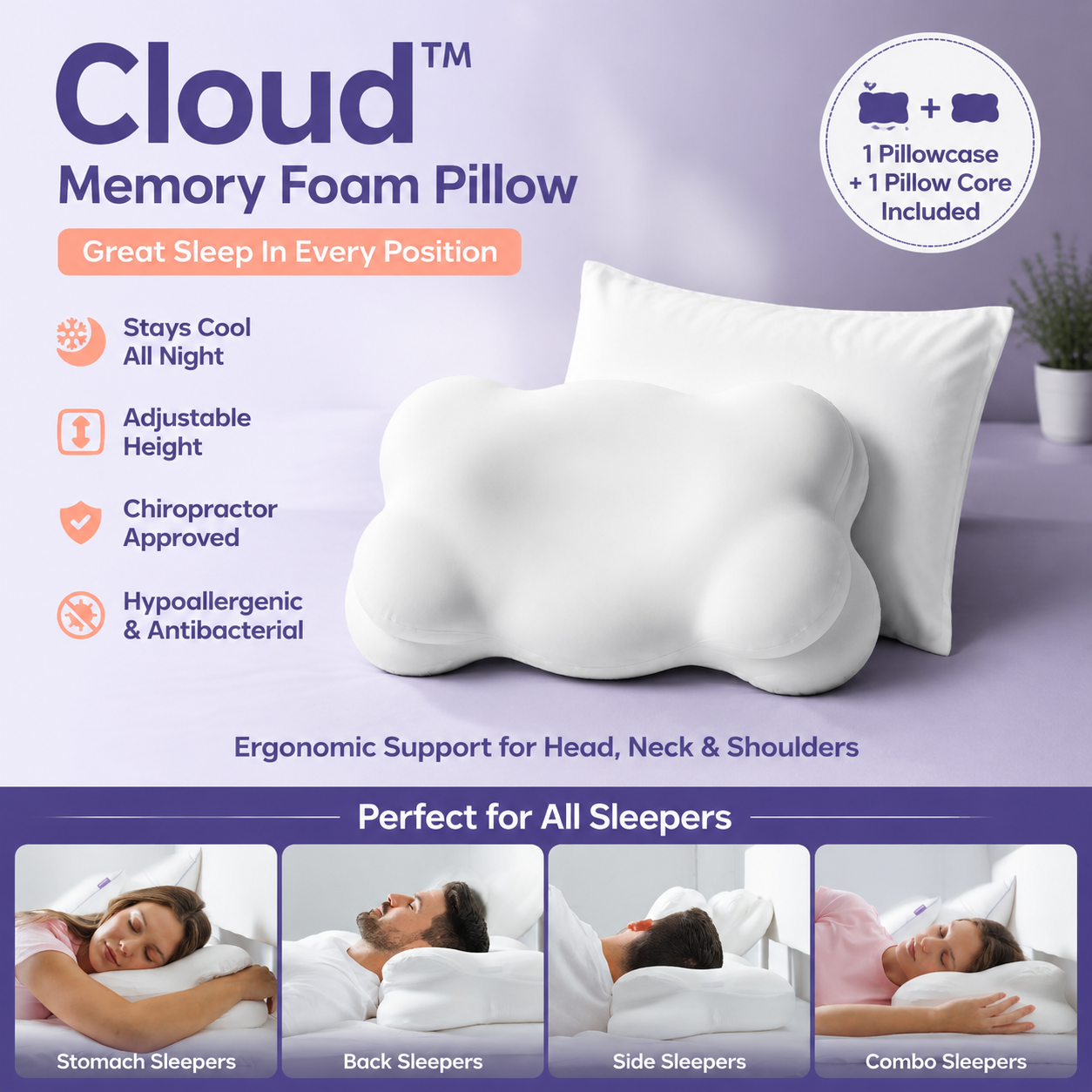White Cloud Memory Foam Cervical Support Pillow Core and Cover (71 x 38 x