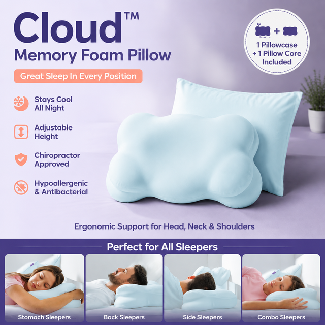 Light Blue Cloud Memory Foam Cervical Support Pillow Core and Cover (60 x 30 x