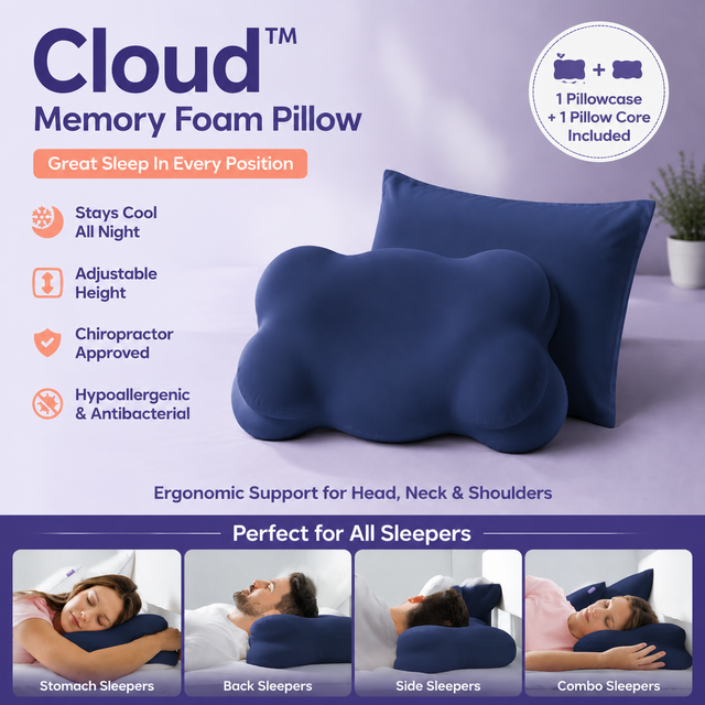 Navy Blue Cloud Memory Foam Cervical Support Pillow Core and Cover (60 x 30 x