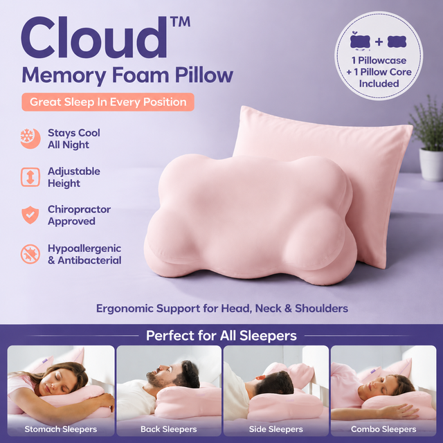 Pink Cloud Memory Foam Cervical Support Pillow Core and Cover (60 x 30 x 10CM)