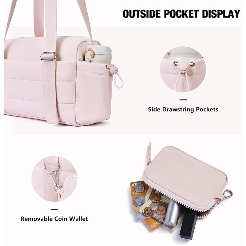 Beige Women’s Fluffy Nylon Gym Travel Tote Bag and Coin Purse Set - Side view 3
