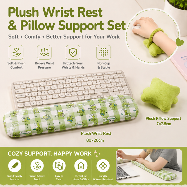 Green Ergonomic Plush Wrist Rest 2PCS Set – 80×20cm Keyboard Wrist Pad +