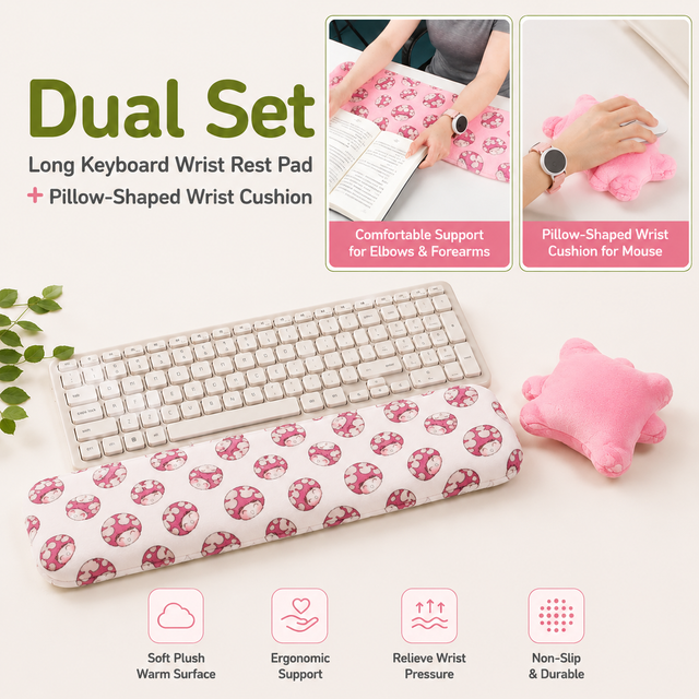 Pink Ergonomic Plush Wrist Rest 2PCS Set – 80×20cm Keyboard Wrist Pad +