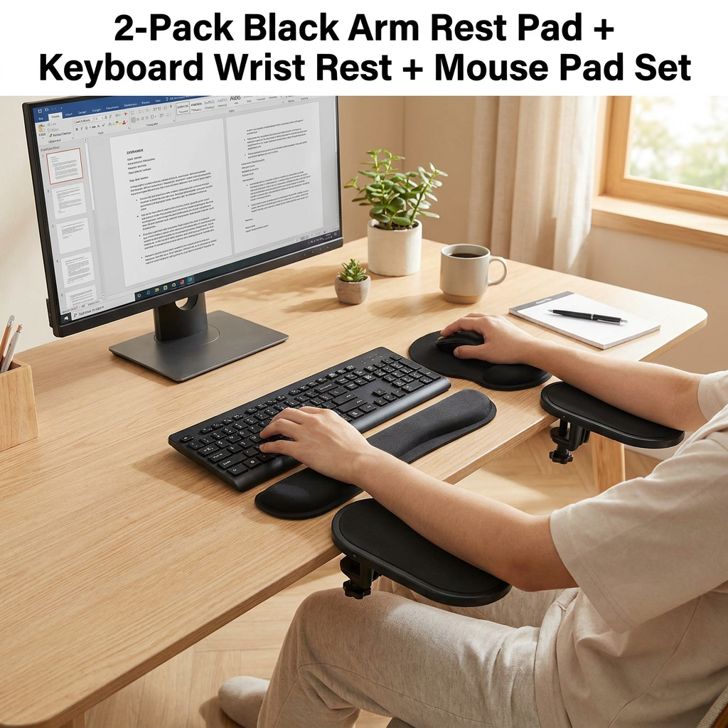 4-Piece Black Ergonomic Desk Arm Rest & Wrist Support Set with 2 Pack Clamp-On