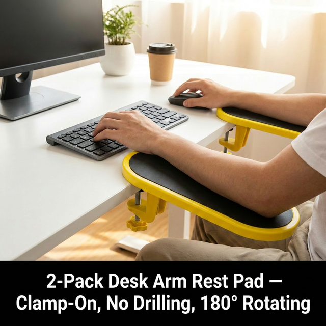 2 Pack Black Yellow 180° Rotating Ergonomic Arm Rest for Desk – Clamp On