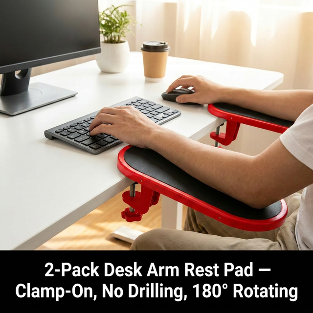 2 Pack Black Red 180° Rotating Ergonomic Arm Rest for Desk – Clamp On Computer
