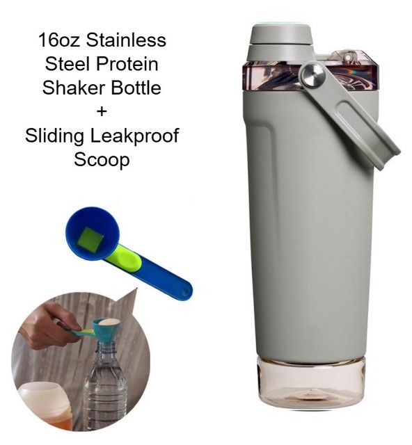 Grey Sports Nutritional Drinkware Set with 16oz Stainless Steel Protein Shaker