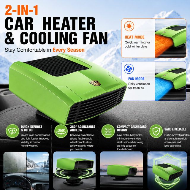 Green Compact Car Heater Fan with 360° Adjustable Base — image 1