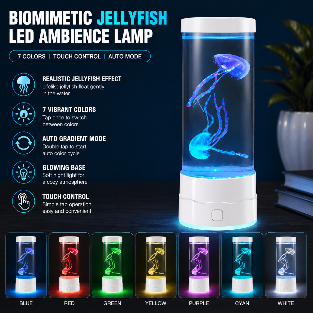 USB-C Powered Bionic Jellyfish LED Night Light with Dual Mode Touch Control