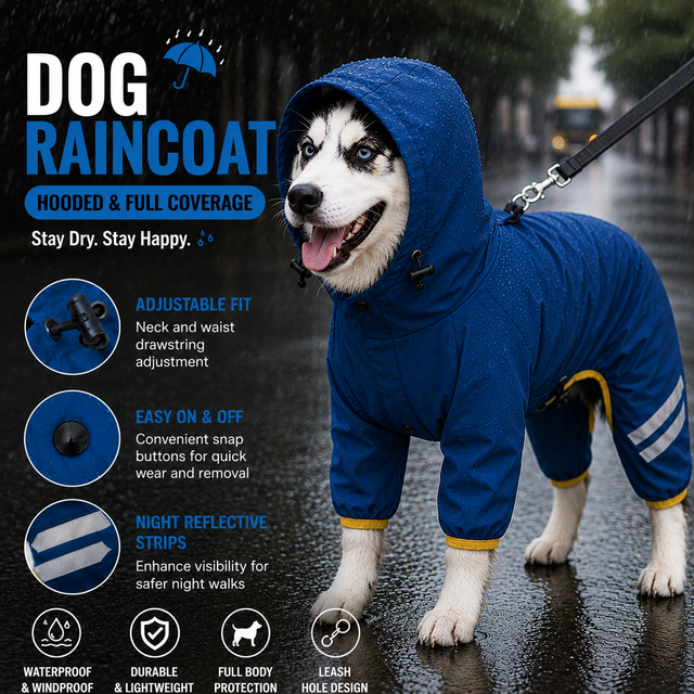 Blue Waterproof Full Body Dog Raincoat with Adjustable Hood & Waist — image 1