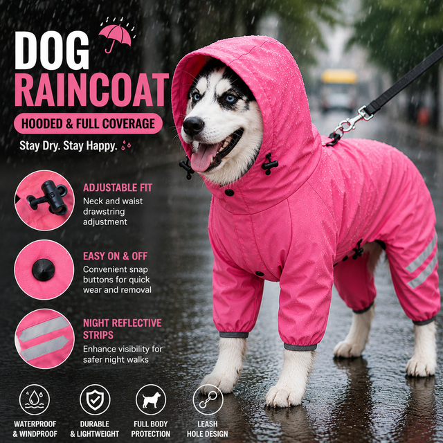 Pink Waterproof Full Body Dog Raincoat with Adjustable Hood & Waist — image 1
