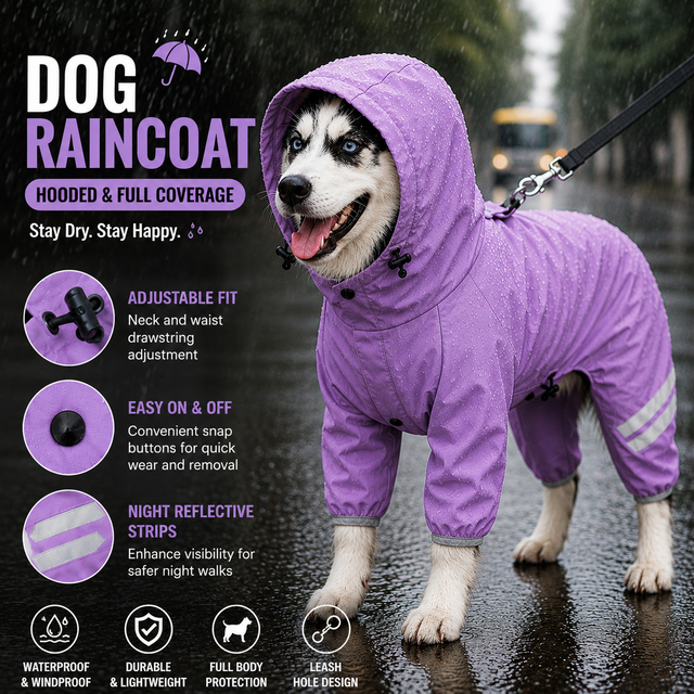 Purple Waterproof Full Body Dog Raincoat with Adjustable Hood & Waist — image 1