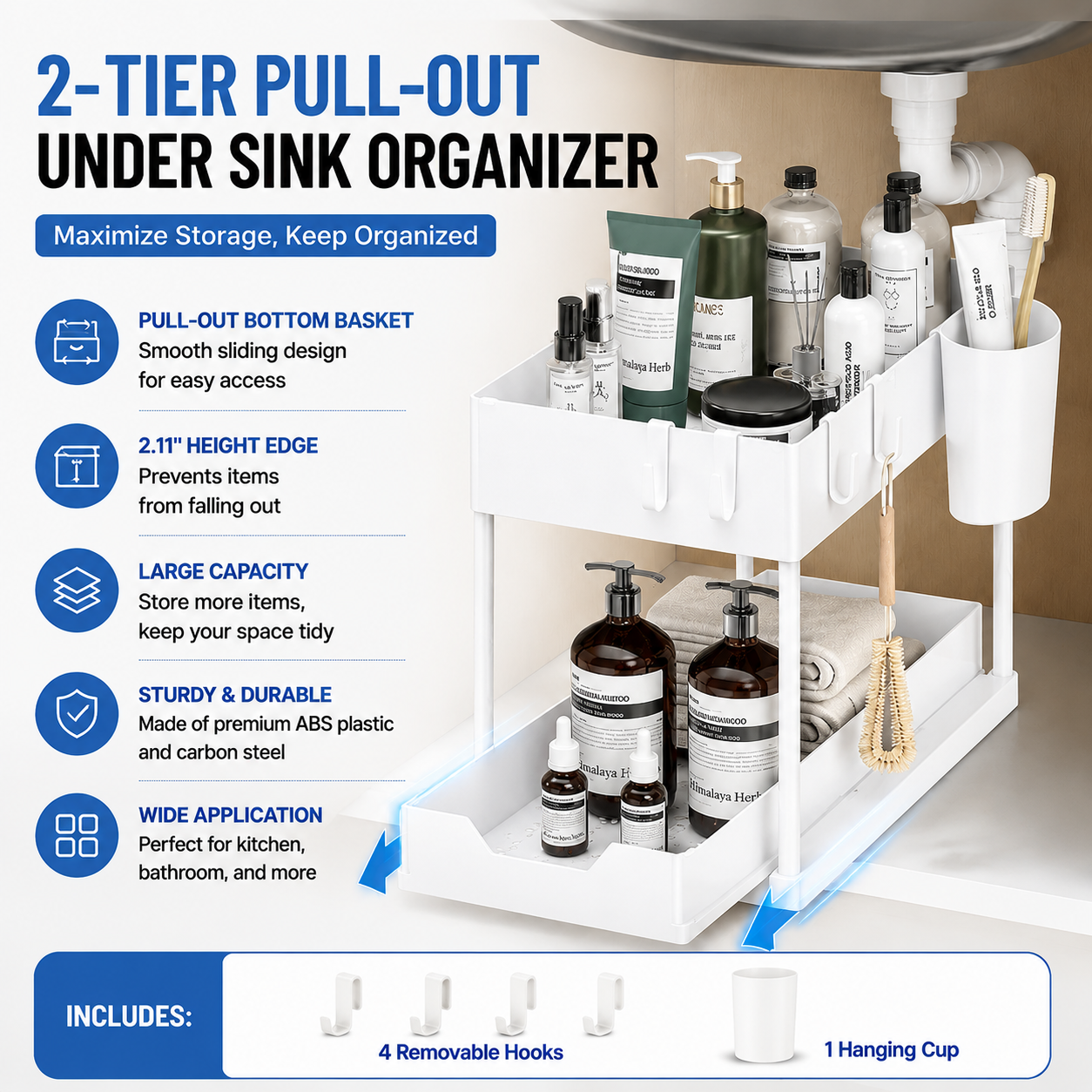 White Under Sink Organizer with Pull-Out Drawer