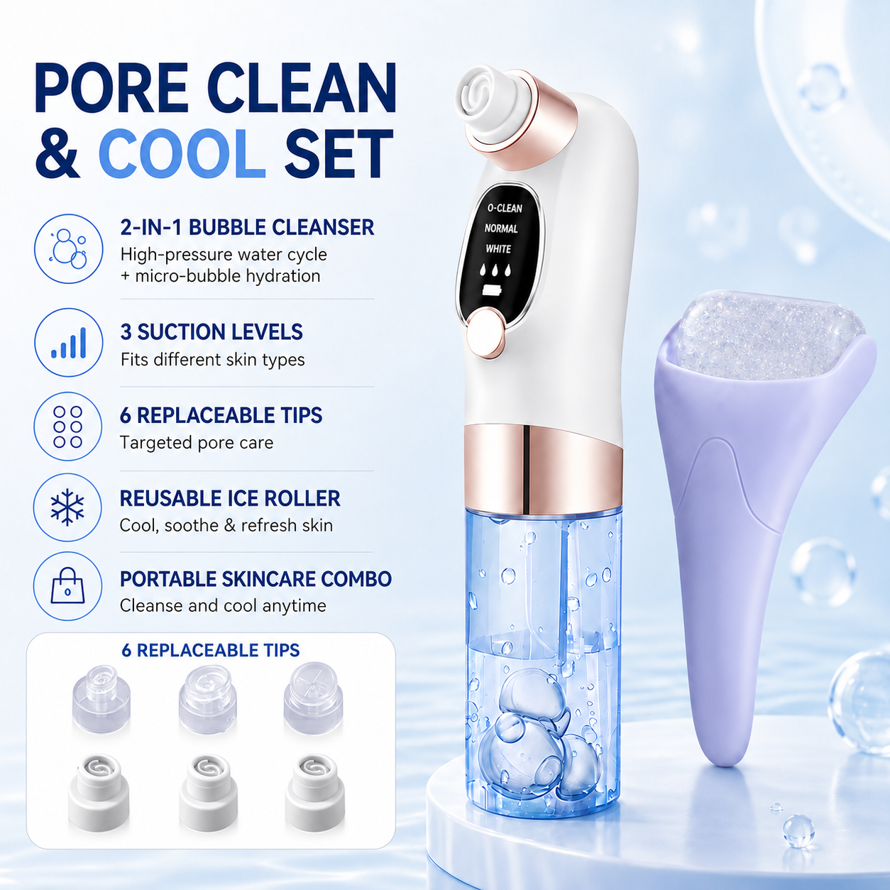 Microbubble Oxygen Hydration Facial Pore Cleanser and Purple Reusable Ice