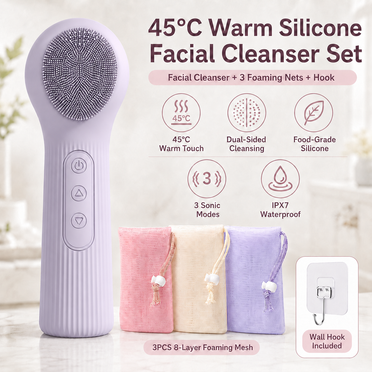 Purple 45°C Constant Heating Silicone Facial Cleansing Brush and 3pcs 8-Layer