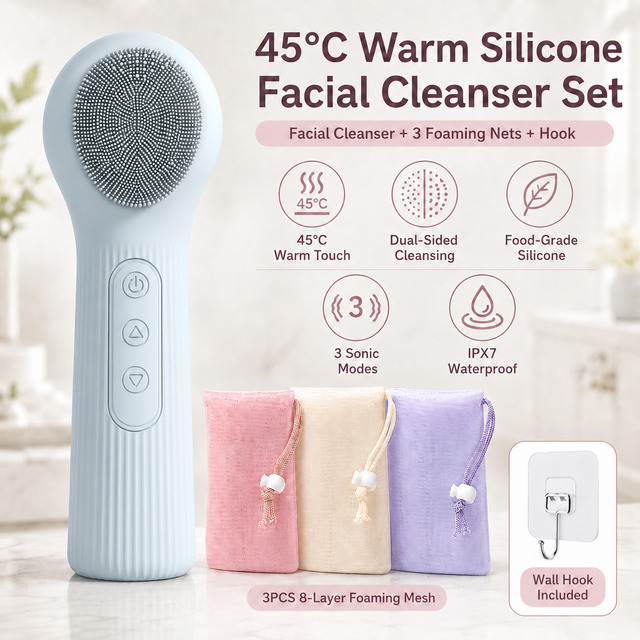 Blue 45°C Constant Heating Silicone Facial Cleansing Brush and 3pcs 8-Layer