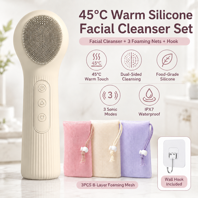 Beige 45°C Constant Heating Silicone Facial Cleansing Brush and 3pcs 8-Layer