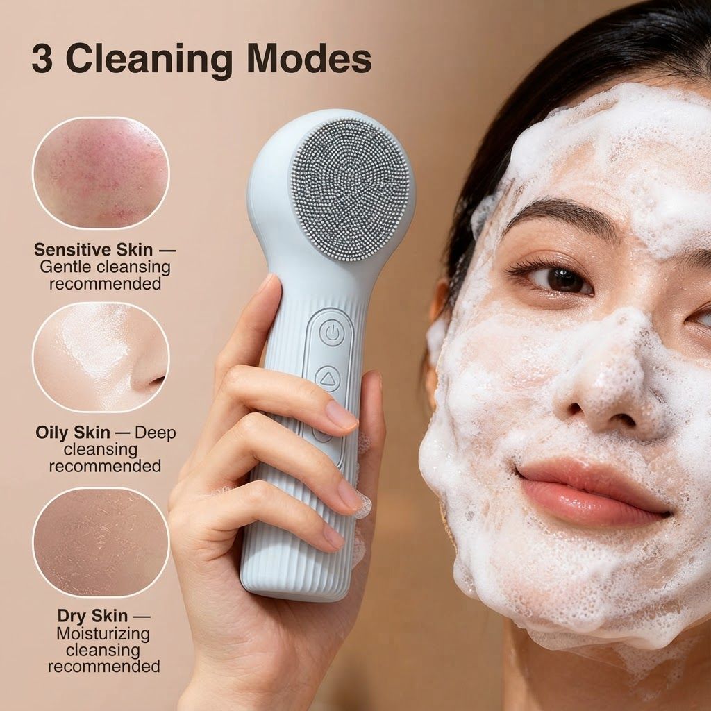 Beige 45°C Constant Heating Silicone Facial Cleansing Brush and 3pcs 8-Layer view 4