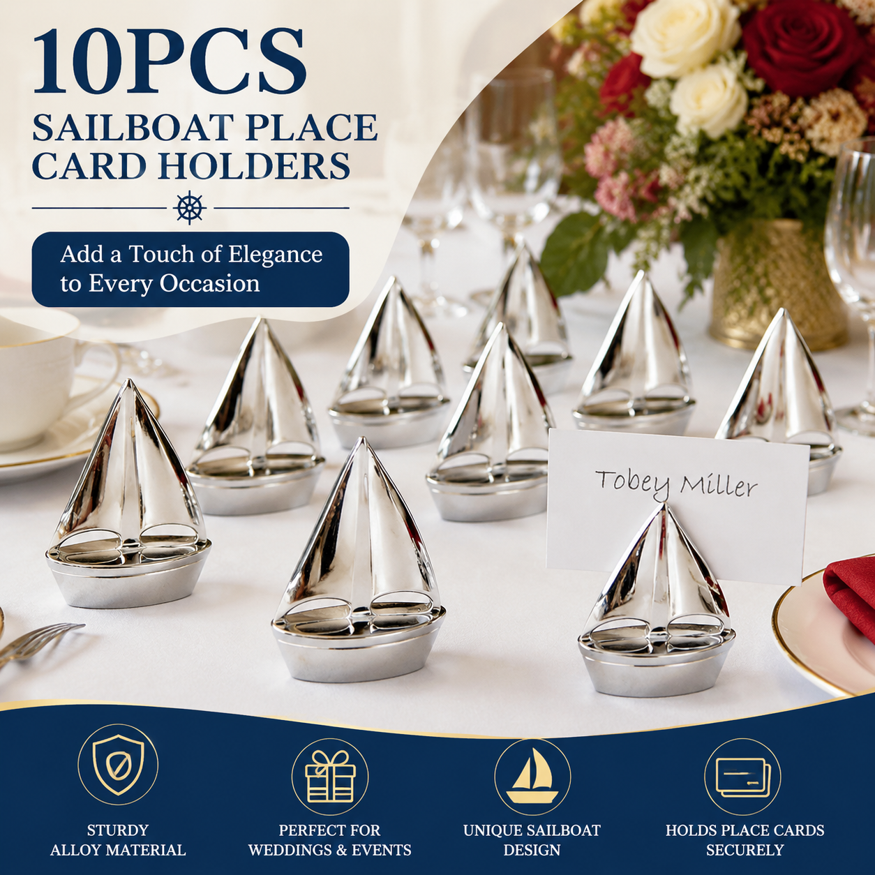 10-Pack Silver Plated Alloy Place Card Holders with Sailboat Designs