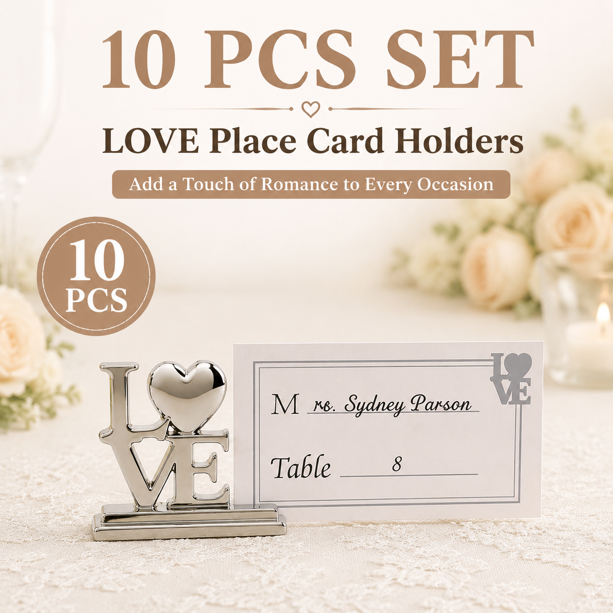 10-Pack Silver Plated Alloy Place Card Holders with LOVE Designs