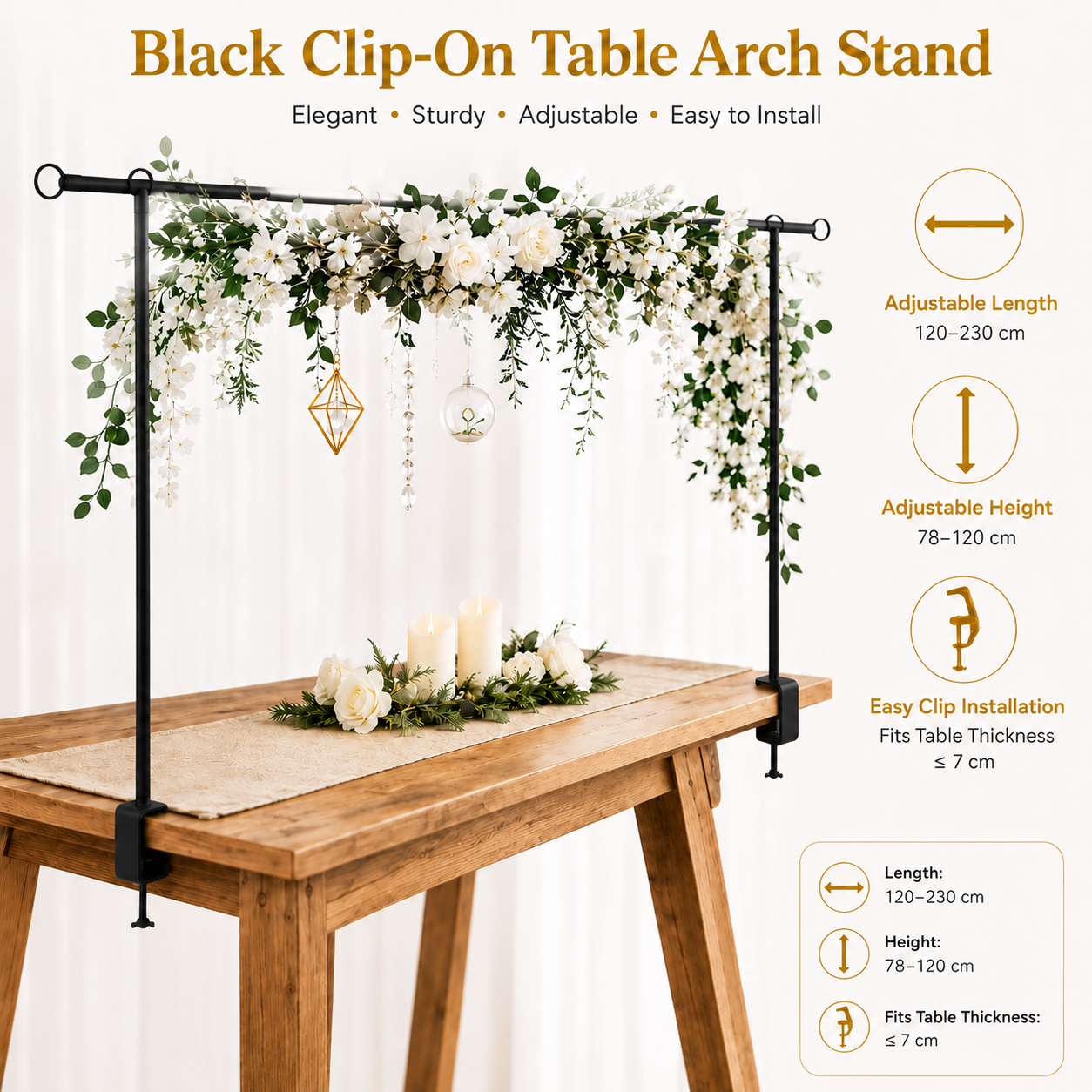Black Iron Over Table Arch Display Stand with Fixed Clamps and Buckles for